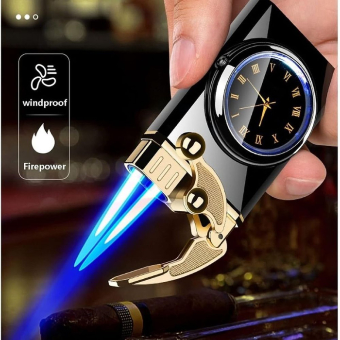 Bricheta Reincarcabila pe Gaz cu Flacara Alba Antivant si Ceas Reglabil Incorporat 7.5 x 3.8 x 1.5 cm Negru cu Auriu – IoArtify.ro [7]