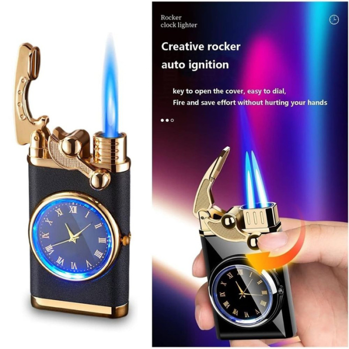 Brichetă Reincarcabila Mercaton cu Ceas Quartz, Flacara Alba Antivant, Design Elegant Negru cu Auriu [5]