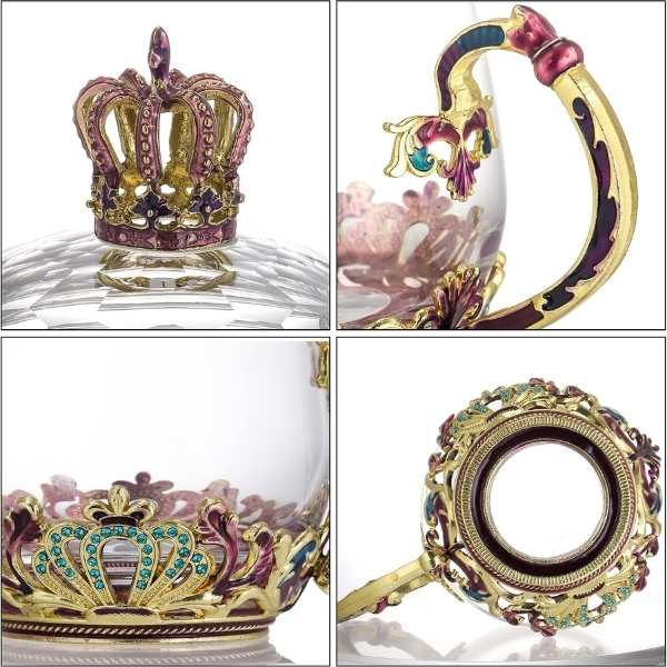 Cana Handmade Crown din Sticla Emailata Transparenta Termorezistenta cu Capac si Lingurita Design Coroana 320 ml – IoArtify.ro [3]