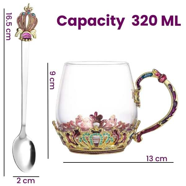 Cana Handmade Crown din Sticla Emailata Transparenta Termorezistenta cu Capac si Lingurita Design Coroana 320 ml – IoArtify.ro [10]