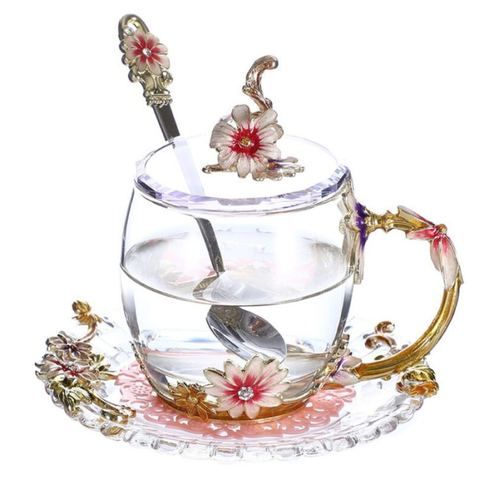 Cana Handmade Fleur-de-Lis din Sticla Emailata Transparenta Termorezistenta 330 ml – IoArtify.ro [2]