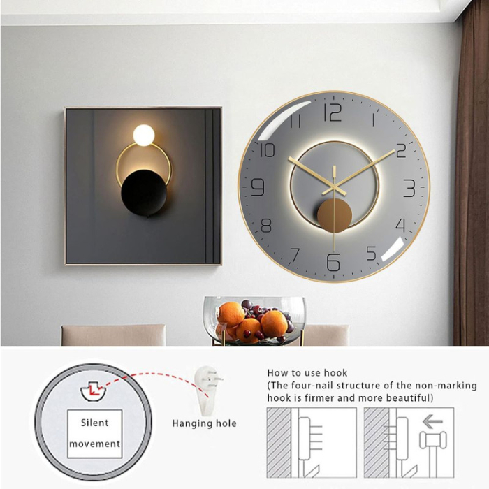Ceas de Perete 3D Gri cu Rama Aurie – Design Modern, Silentios și Elegant pentru Casa Ta [4]