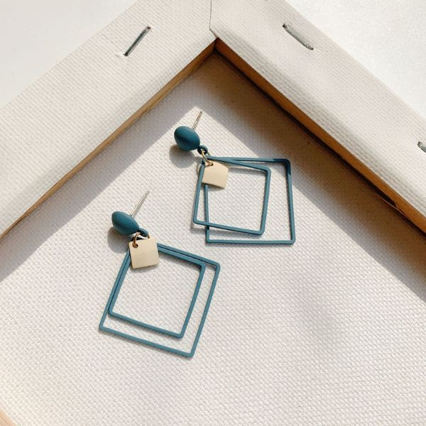 Cercei cu Forma Geometrica Patrat Aliaj Zinc 11 x 6 cm Albastru cu Auriu – IoArtify.ro [7]