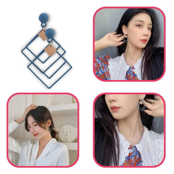 Cercei cu Forma Geometrica Patrat Aliaj Zinc 11 x 6 cm Albastru cu Auriu – IoArtify.ro [9]