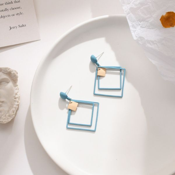 Cercei cu Forma Geometrica Patrat Aliaj Zinc 11 x 6 cm Albastru cu Auriu – IoArtify.ro [3]