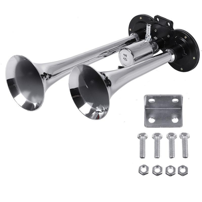 Claxon bitonal cu 2 goarne alimentare 12 24V pentru vehicule cu compresor de aer culoare Crom Negru - IoArtify.ro [2]