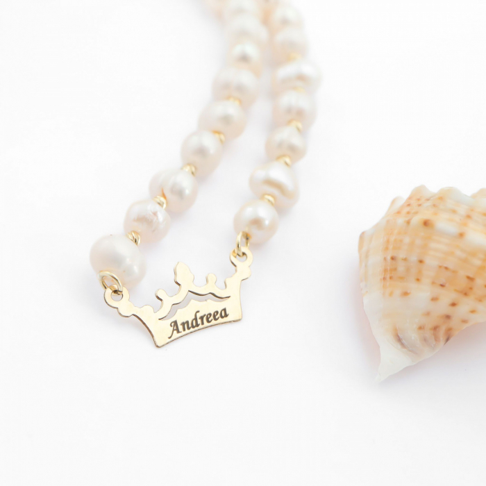 Colier cu Perle de Cultură și Coroniță Gravată din Aur 14k – Eleganță și Rafinament Timeless [2]