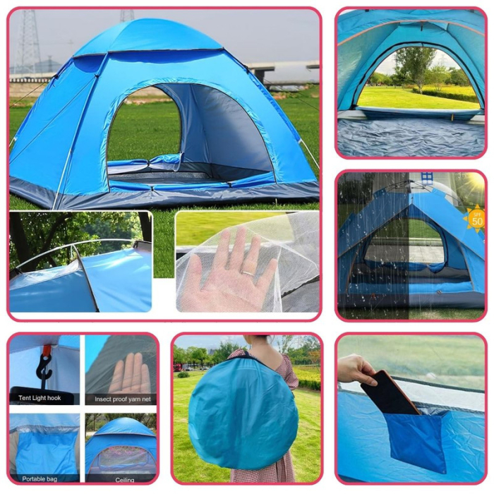 Cort Automat de 3-4 Persoane Pentru Camping sau Plaja Impermeabil si Rezistent UV 200x200x135 cm Albastru – IoArtify.ro [4]