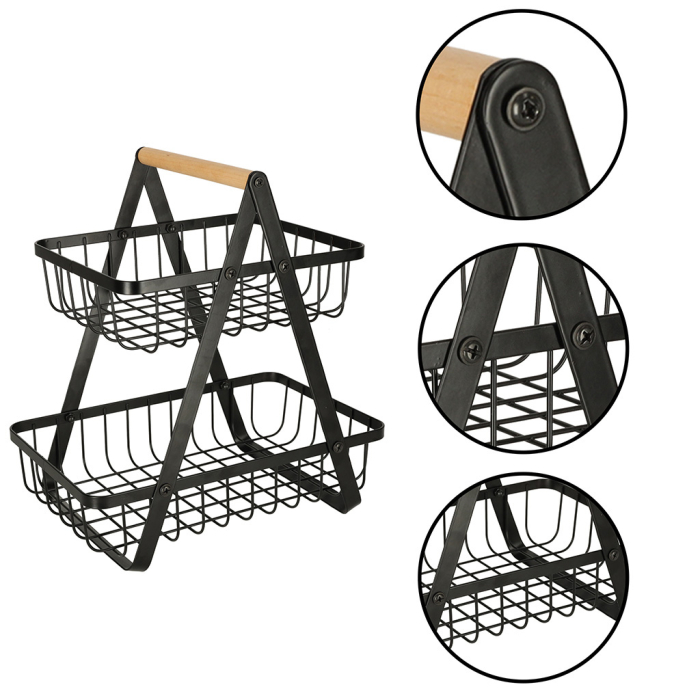 Cos de fructe cu două etaje, pliabil, lemn și metal, negru – depozitare elegantă și practică pentru bucătărie [8]