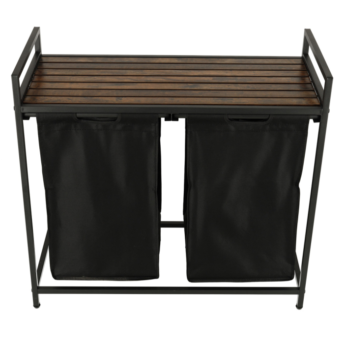 Cos mare de rufe cu doua compartimente si raft din lemn model LOFT culoare neagra capacitate mare – IoArtify.ro [6]