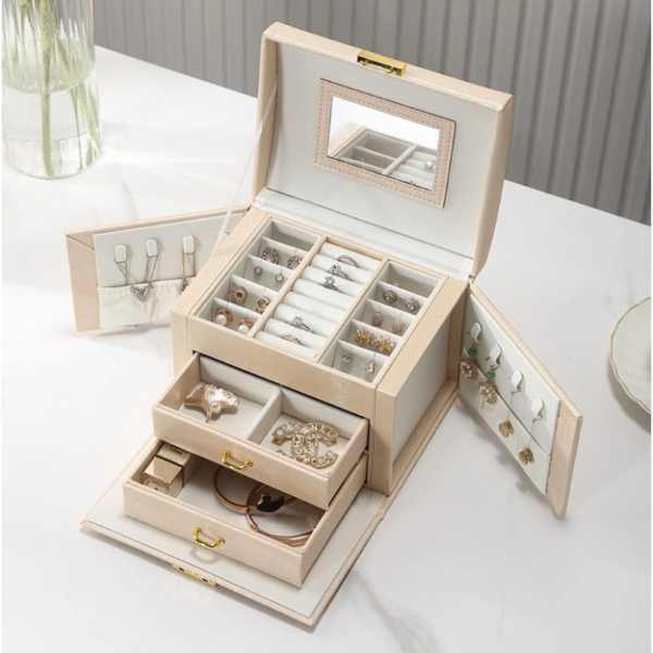 Cutie de Bijuterii din Piele Ecologica tip Valiza cu 3 Compartimente Roz capacitate mare - IoArtify.ro [3]