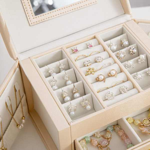 Cutie de Bijuterii din Piele Ecologica tip Valiza cu 3 Compartimente Roz capacitate mare - IoArtify.ro [7]