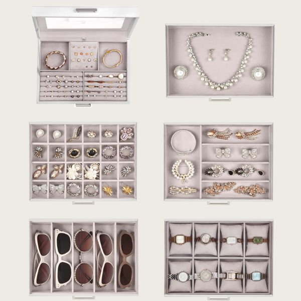 Cutie pentru Bijuterii si Ceasuri cu 5 Sertare si Oglinda din MDF si Catifea 30.2 x 21 x 31.3 cm Alb – IoArtify.ro [6]