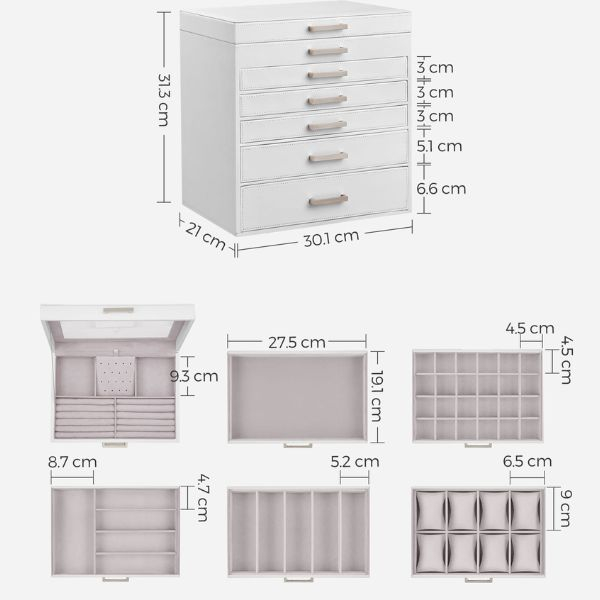Cutie pentru Bijuterii si Ceasuri cu 5 Sertare si Oglinda din MDF si Catifea 30.2 x 21 x 31.3 cm Alb – IoArtify.ro [8]