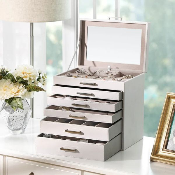 Cutie pentru Bijuterii si Ceasuri cu 5 Sertare si Oglinda din MDF si Catifea 30.2 x 21 x 31.3 cm Alb – IoArtify.ro [3]