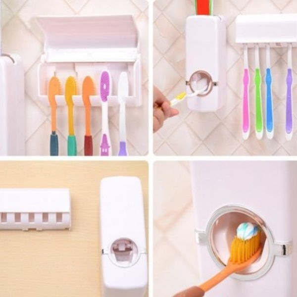 Dozator Pasta de Dinti si cu Suport pentru 5 Periute Auto-Adeziv Fixare pe Perete Alb Capacitate 250ml – IoArtify.ro [8]