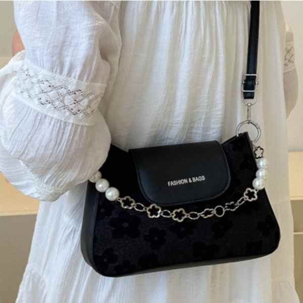 Geanta de Umar cu Perle Model Elegant Imprimeu Flori Piele Ecologica 3.5 x 16 x 6 cm Negru - IoArtify.ro [2]