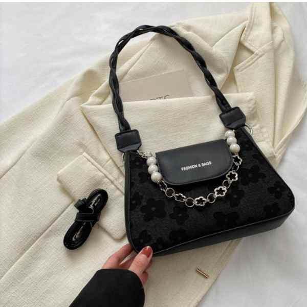 Geanta de Umar cu Perle Model Elegant Imprimeu Flori Piele Ecologica 3.5 x 16 x 6 cm Negru - IoArtify.ro [3]