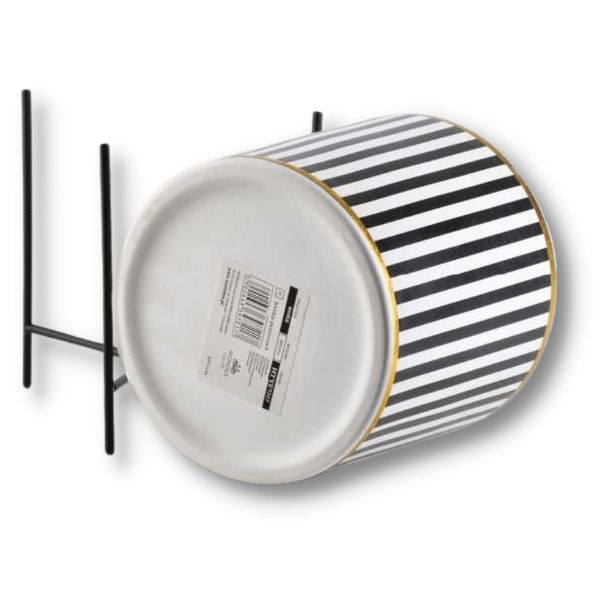 Ghiveci ceramic pentru flori Luxury cu suport metalic diametru 12,5 centimetri înălțime 12 centimetri Alb cu Negru Model cu Dungi Verticale - IoArtify.ro [2]