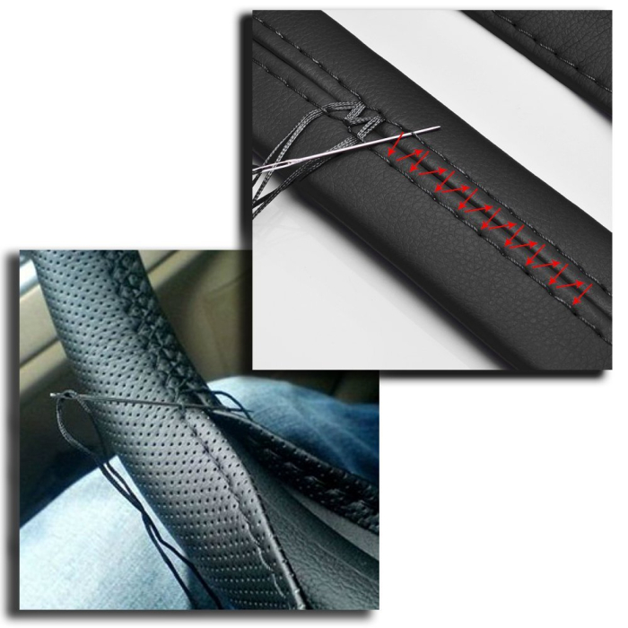 Husa volan din PIELE NATURALA NEAGRA CU DUNGA ROSIE pentru autoturisme diametru 37 39 cm cu ac si ata se coase aspect ORIGINAL - IoArtify.ro [2]
