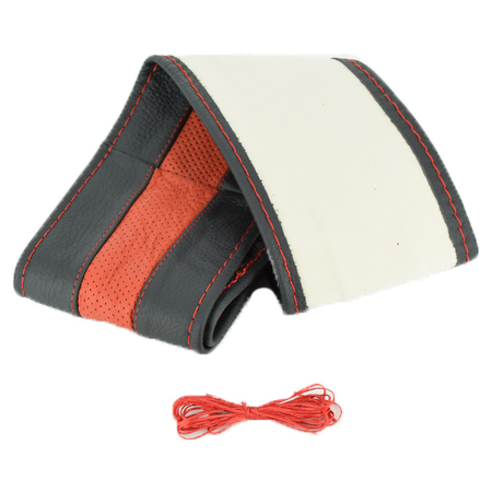 Husa volan din PIELE NATURALA NEAGRA CU DUNGA ROSIE pentru autoturisme diametru 37-39 cm cu ac si ata se coase aspect ORIGINAL – IoArtify.ro [4]