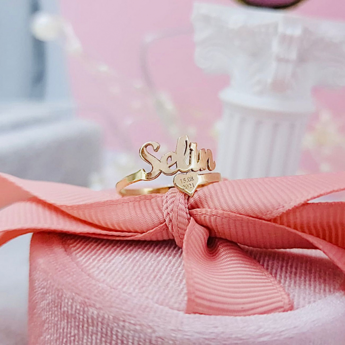 Inel personalizat din aur 14k cu nume și inimioară – Bijuterie elegantă și durabilă, cadou perfect pentru orice ocazie [3]