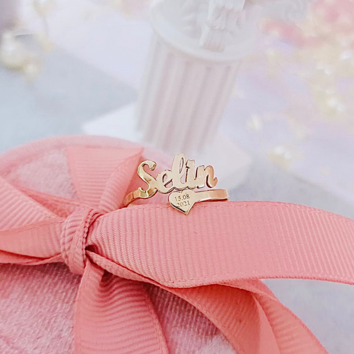 Inel personalizat din aur 14k cu nume și inimioară – Bijuterie elegantă și durabilă, cadou perfect pentru orice ocazie [2]