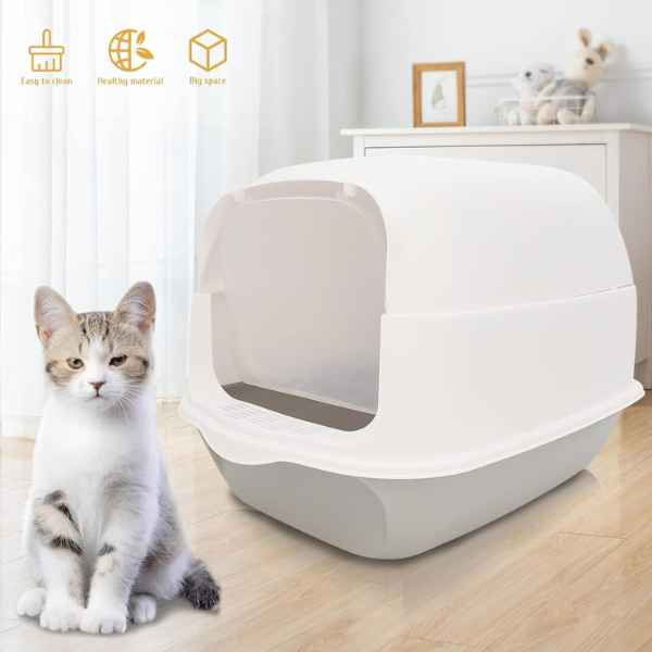 Litiera Acoperită pentru Pisici Mercaton cu Filtru, Lopată, Design Modern și Igienic, Alb-Gri [6]