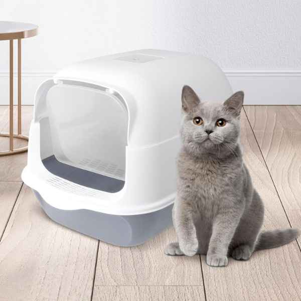 Litiera Acoperită pentru Pisici Mercaton cu Filtru, Lopată, Design Modern și Igienic, Alb-Gri [2]