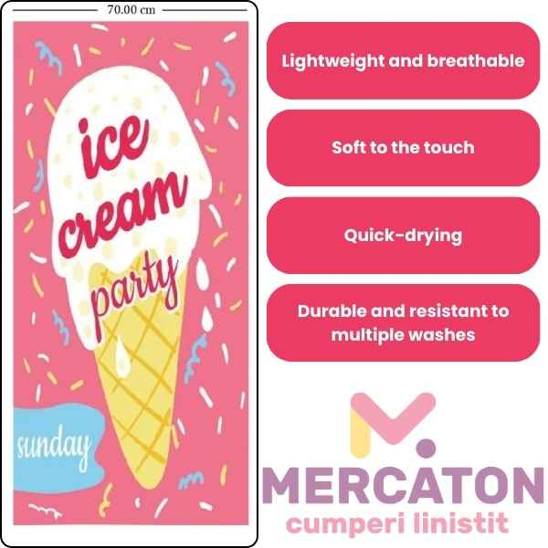 Prosop pentru Plaja din Microfibra Model cu Inghetata Uscare Rapida 150 x 70 cm Roz - IoArtify.ro [2]