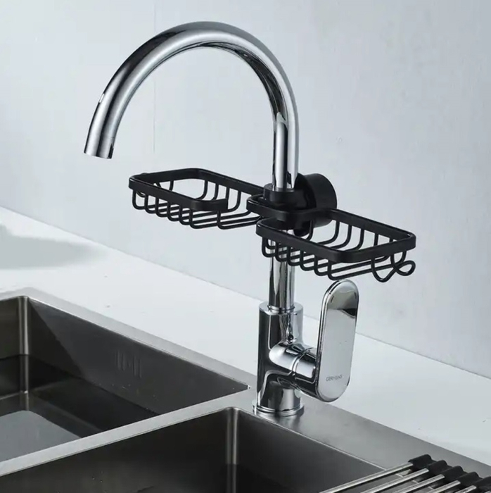Raft organizator dublu universal pentru bucatarie sau baie montaj pe robinet material otel culoare Neagra capacitate mare - IoArtify.ro [4]