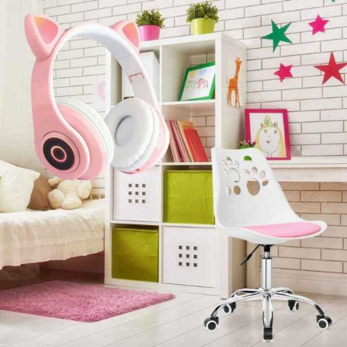 Scaun de Birou cu 5 Roti din Cauciuc Perna din Piele Ecologica si Sezut din PP Cadru Aluminiu 50 x 60 x 89 cm Alb cu Roz si Casti Wireless cu LED si Slot Card Model Urechi Pisica Roz – IoArtify.ro [6]