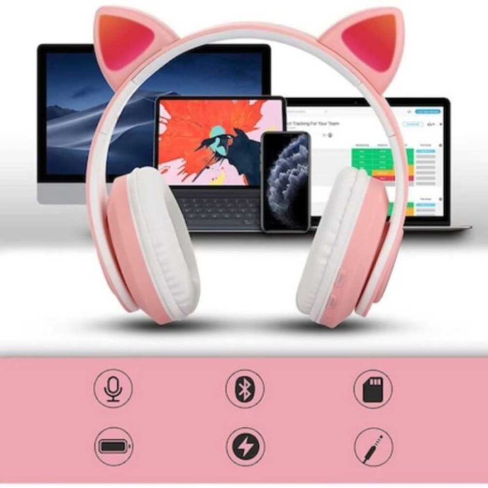 Scaun de Birou cu 5 Roti din Cauciuc Perna din Piele Ecologica si Sezut din PP Cadru Aluminiu 50 x 60 x 89 cm Roz si Casti Wireless cu LED si Slot Card Model Urechi Pisica Roz – IoArtify.ro [8]