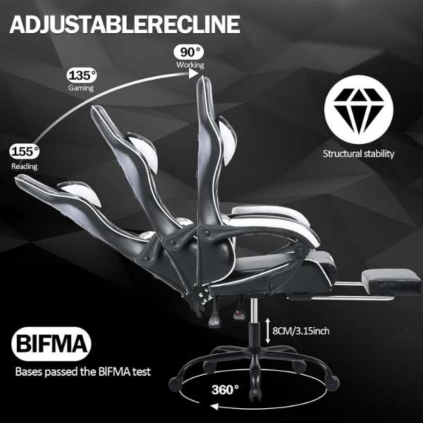 Scaun de Gaming cu Perna Lombara si Suport pentru Picioare Unghi 155 Grade Cadru Aluminiu Maxim 150 Kg 64116-123 cm Negru - IoArtify.ro [7]