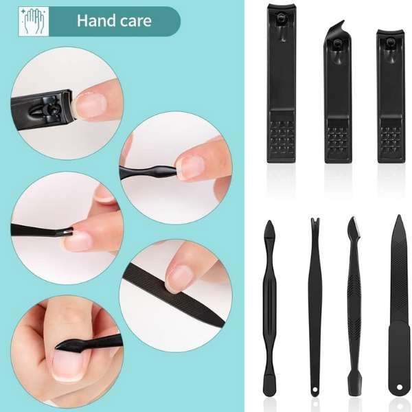 Set 12 Piese pentru Manichiura si Pedichiura cu Trusa din Piele Ecologica Negru cu Instrumente din Oțel Inoxidabil – IoArtify.ro [5]