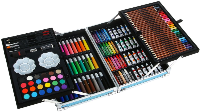 Set 145 piese pentru pictura pentru copii sau adulti pixuri de colorat creioane colorate si vopsele cu geanta de transport albastra model AVX-WT-RUBENS145 capacitate mare de culori - IoArtify.ro [3]