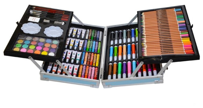 Set 145 piese pentru pictura pentru copii sau adulti pixuri de colorat creioane colorate si vopsele cu geanta de transport albastra model AVX-WT-RUBENS145 capacitate mare de culori - IoArtify.ro [2]