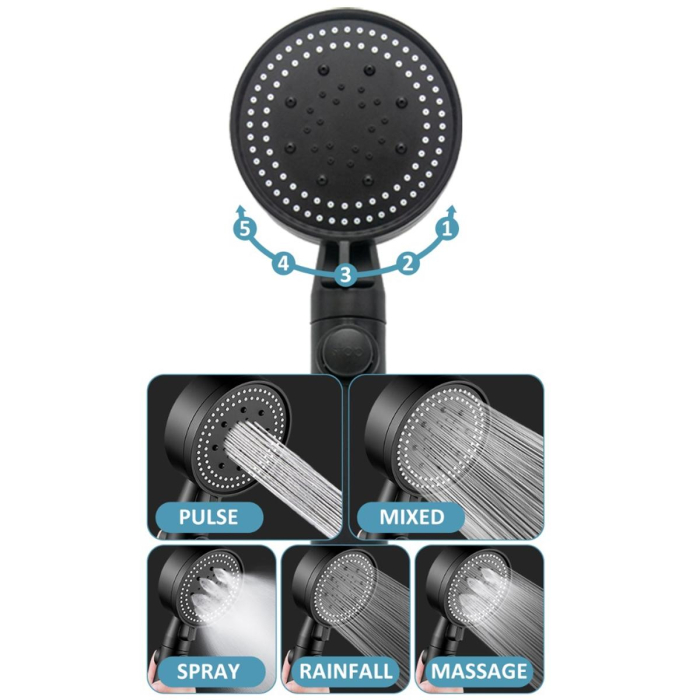 Set 3 Elemente Dus Modern Negru | Cap Duș cu 5 Funcții, Furtun 150cm și Suport Autoadeziv [6]