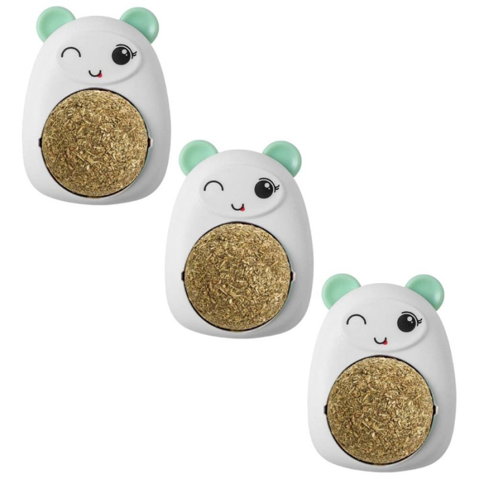 Set 3 Jucării pentru Pisicuțe - Ursuleț și Minge Rotativă cu Iarbă Catnip, Verde, 6cm [1]