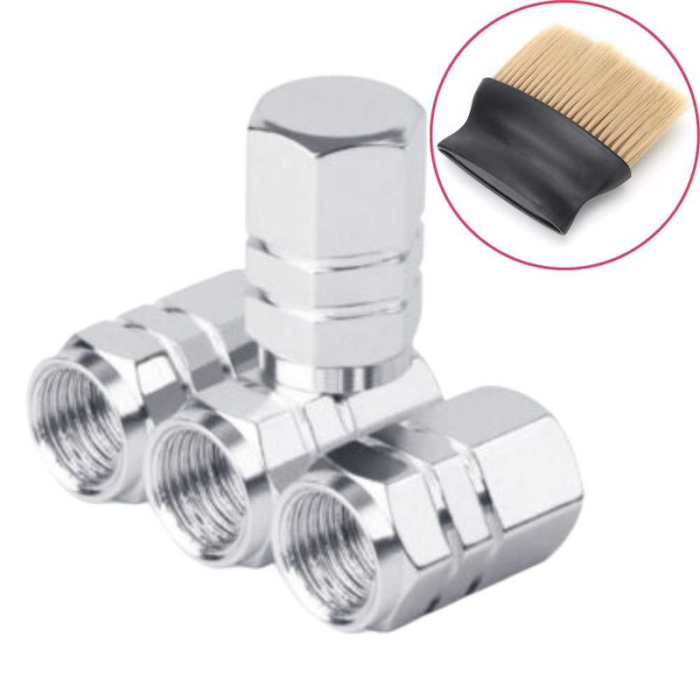 Set 4 Capace Hexagonale pentru Valve Auto din Aluminiu 1.8 cm Argintiu cu Perie SoftTouch din Nylon și Mâner Ergonomic – IoArtify.ro [2]