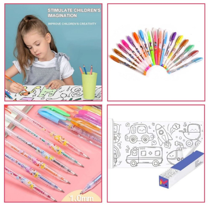 Set Creativ pentru copii Rola de Hartie Auto-Adeziva cu Model Masini si 36 Pixuri Parfumate cu Gel si Sclipici – IoArtify.ro [4]