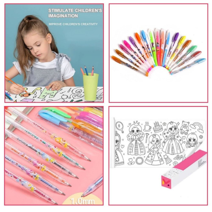 Set Creativ pentru copii Rola de Hartie Auto-Adeziva cu Printese si 36 Pixuri Parfumate cu Gel si Sclipici – IoArtify.ro [4]