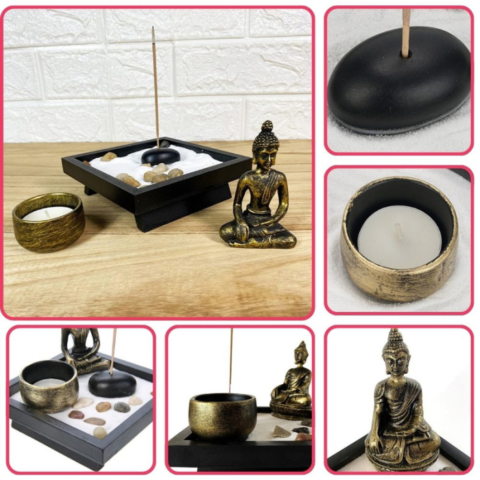 Set Decorativ cu Statuie Buddha Suport Lumanari Bete Parfumate Nisip Pietre Decorative si Suport din Lemn 12.5 x 12.5 x 3 cm – IoArtify.ro [5]