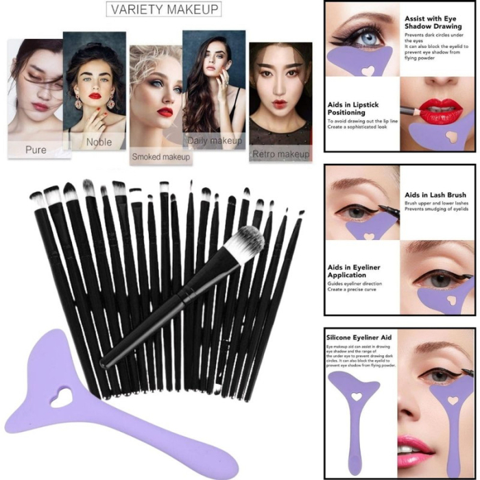 Set Profesional de Machiaj cu 20 de Pensule Antialergice si Sablon Multifunctional 4-in-1 Eyeliner din Silicon in Nuanta Mov cu Pensule din Păr Sintetic Rezistent – IoArtify.ro [5]