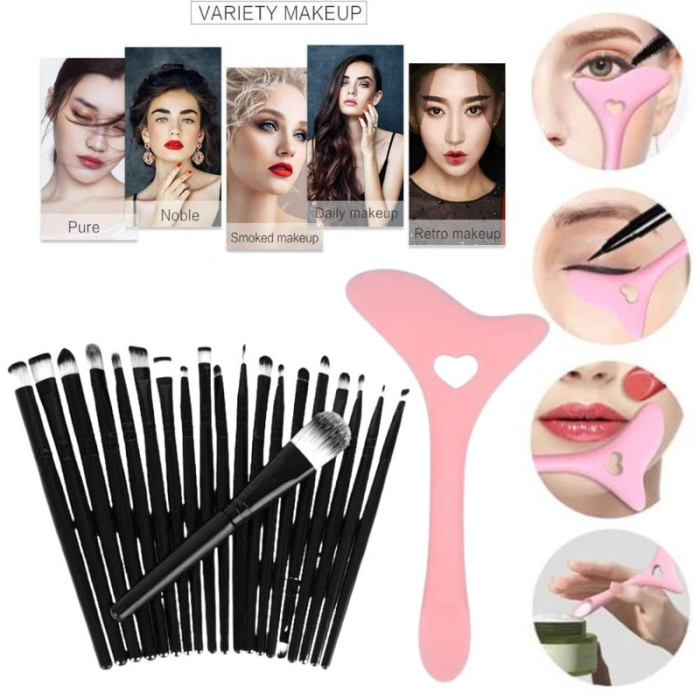Set Profesional de Machiaj cu 20 de Pensule Antialergice si Sablon Multifunctional 4-in-1 Eyeliner din Silicon in Nuanta Roz cu Perii din Fibra Sintetica – IoArtify.ro [5]
