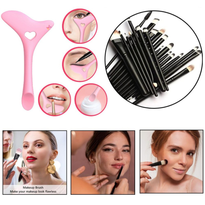 Set Profesional de Machiaj cu 20 de Pensule Antialergice si Sablon Multifunctional 4-in-1 Eyeliner din Silicon in Nuanta Roz cu Perii din Fibra Sintetica – IoArtify.ro [2]
