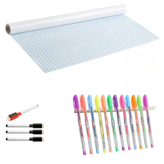 Set Rola de hartie autoadeziva pentru scris si desenat cui 4 markere cu magnet si burete si 36 pixuri parfumate cu gel cu sclipici permanente 200 x 45 cm – IoArtify.ro [1]