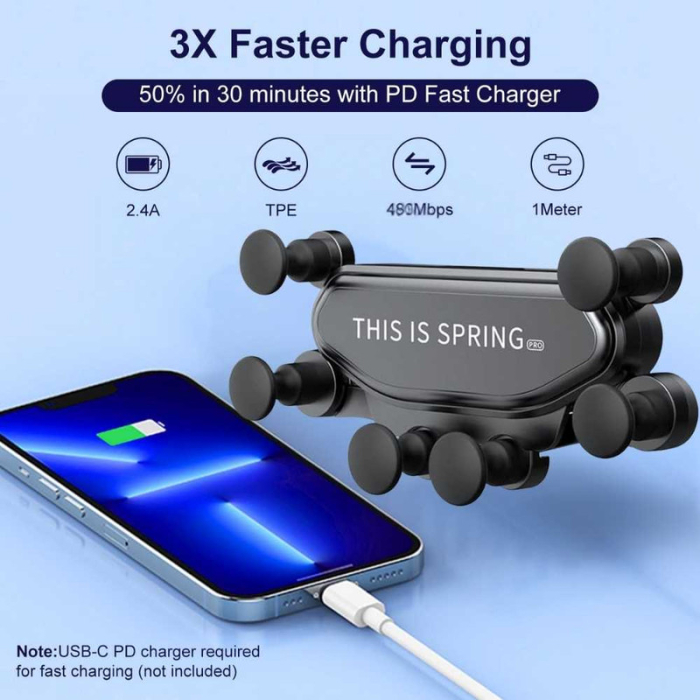 Suport Auto pentru Telefon cu Prindere pe Grila Ventilatie Rotativ 360 Grade si Cablu USB C 2A 1m Fast Charging - IoArtify.ro [6]
