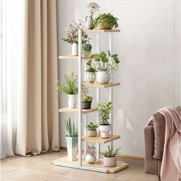 Suport Decorativ pentru Flori 6 Rafturi din Placi Laminte Cadru Metalic 113x60x20 cm Alb cu Maro – IoArtify.ro [4]