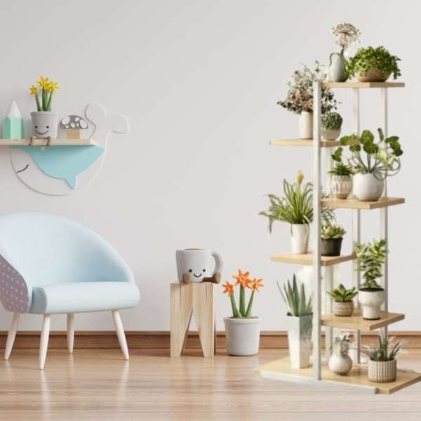 Suport Decorativ pentru Flori 6 Rafturi din Placi Laminte Cadru Metalic 113x60x20 cm Alb cu Maro – IoArtify.ro [5]